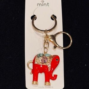 BAG CHARM Mint Jeweled Lucky Elephant Keychain - Red Gold Tone NWT